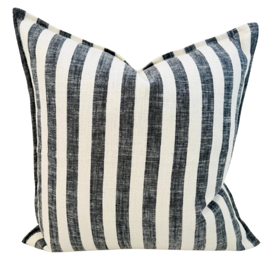 Striped cushion with blue and white horizontal stripes on a white background
