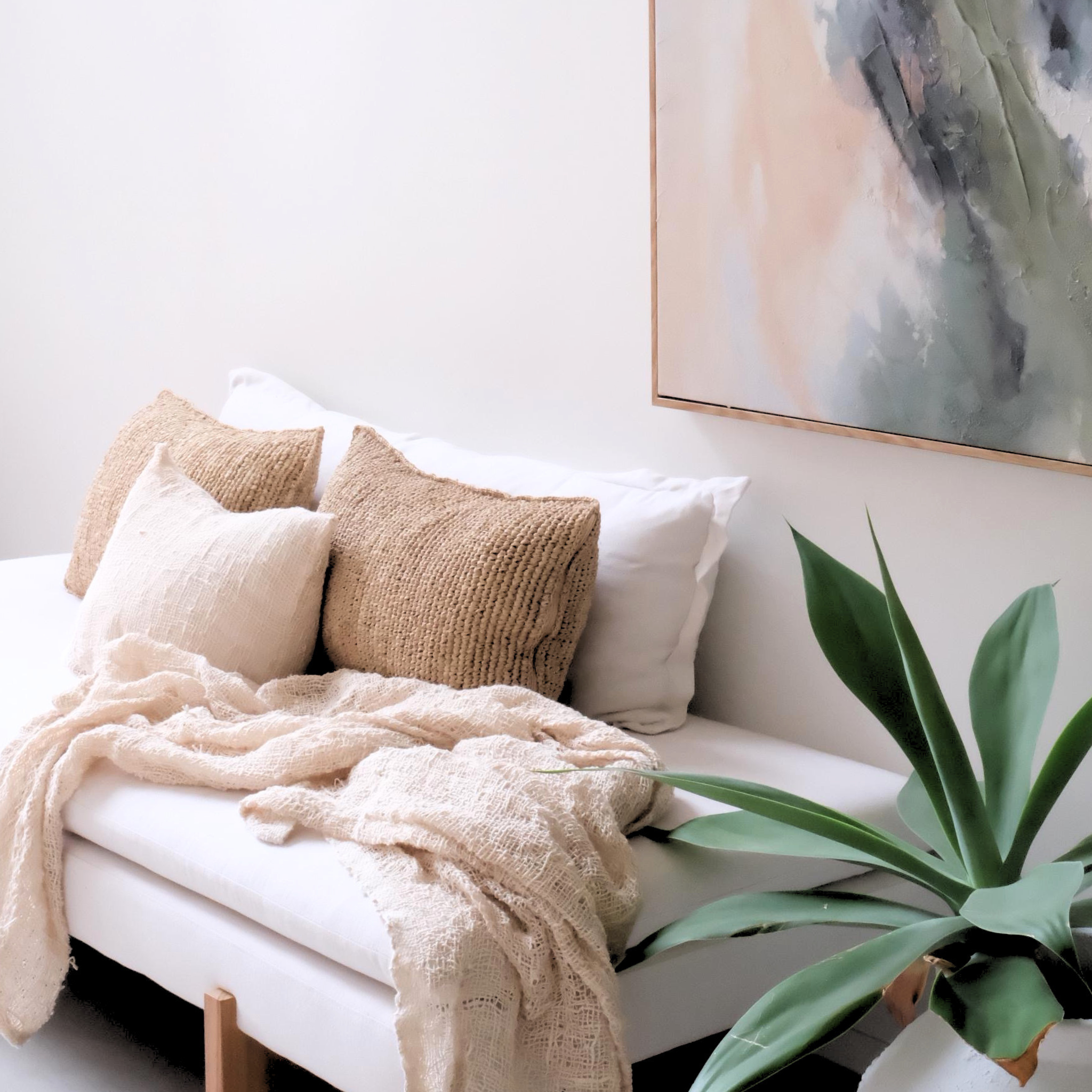 Cozy living room with a white sofa, beige throw blanket, and decorative cushion.