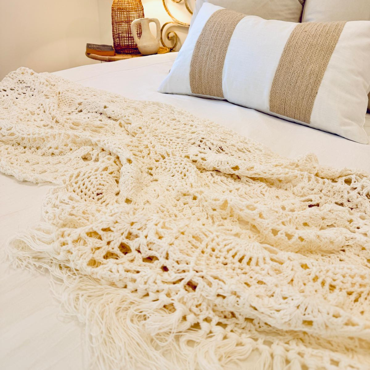 Crocheted cotton throw/bed runner - Ivory