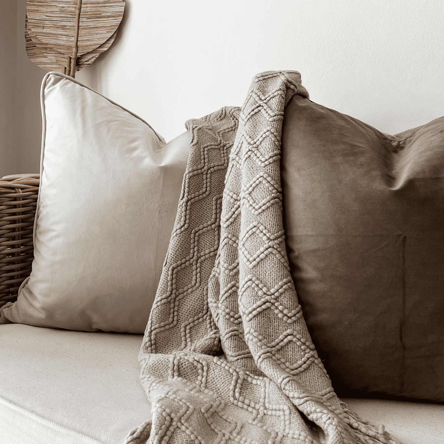 velvet cushions and taupe woollen throw son a sofa