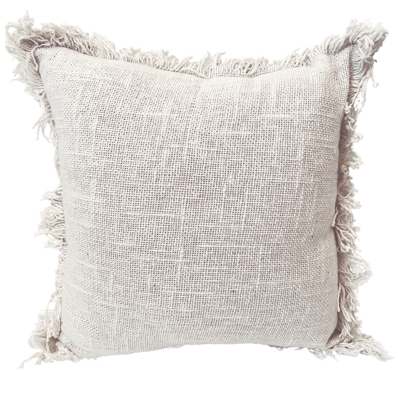 A square-shaped cushion with a cream color and fringed edge, displayed against a white background.