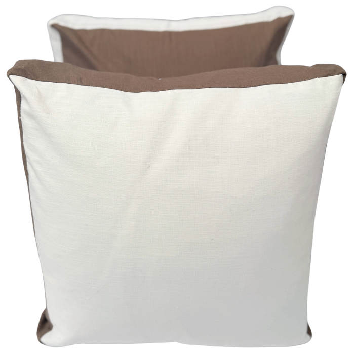 Two square cushion, one beige and one brown.