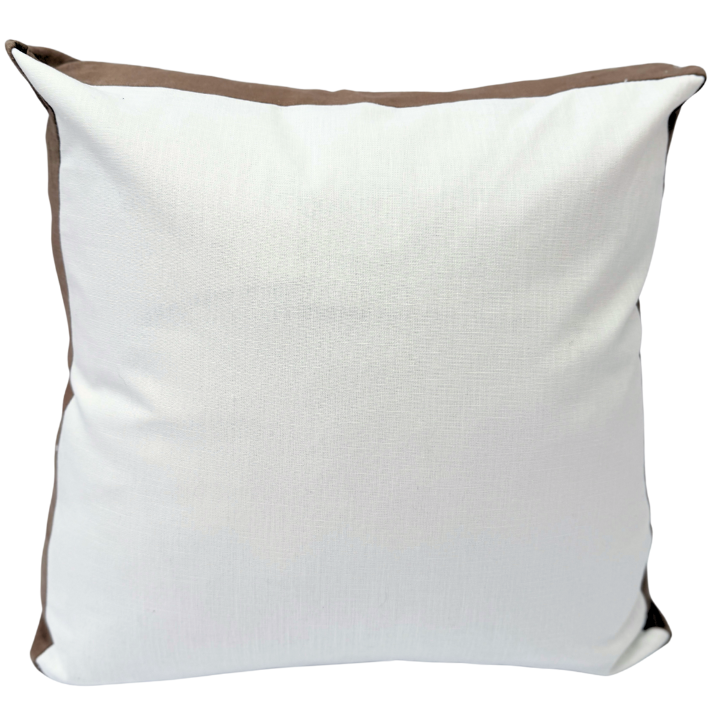 White cushion with brown trim.