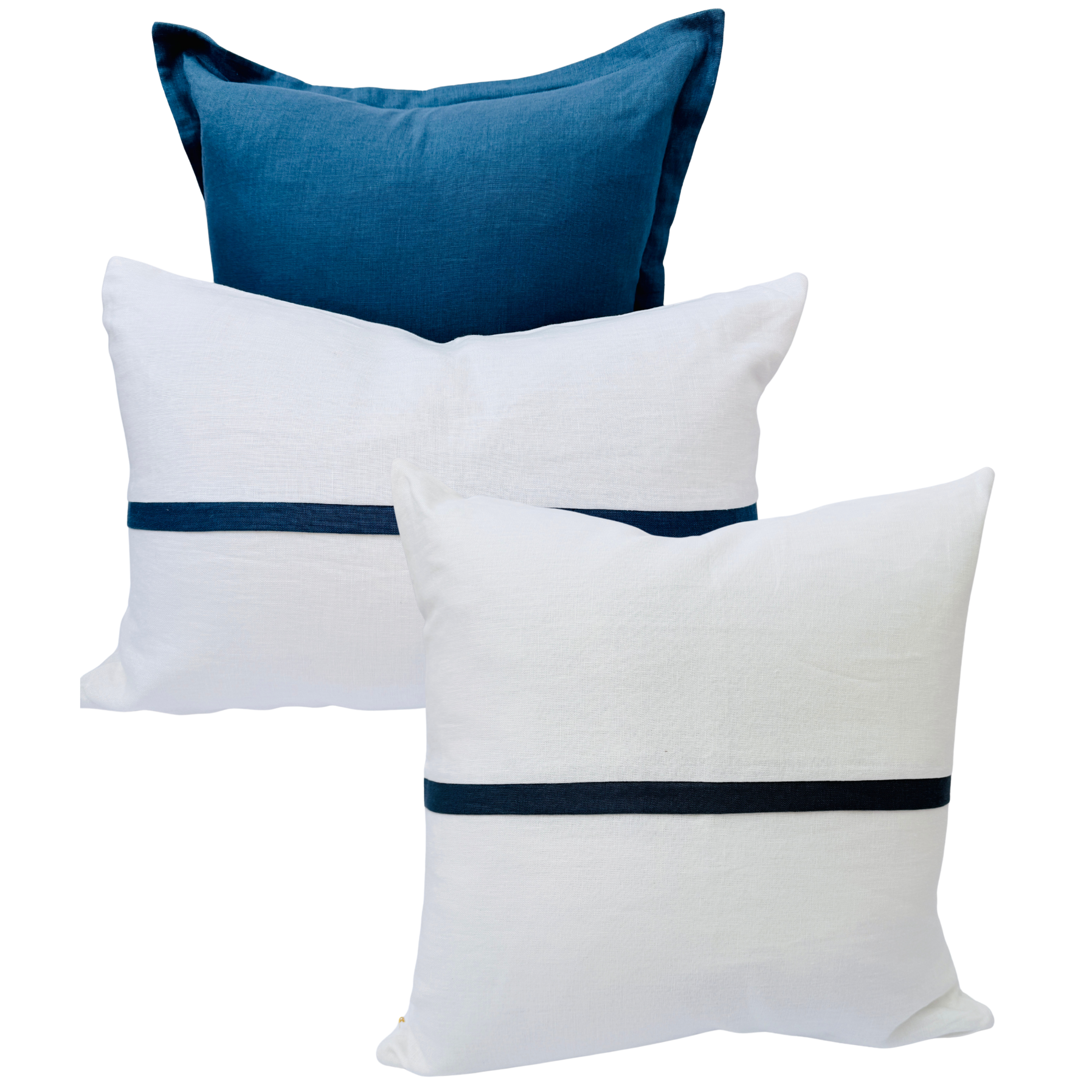 Three cushion with blue and white stripes