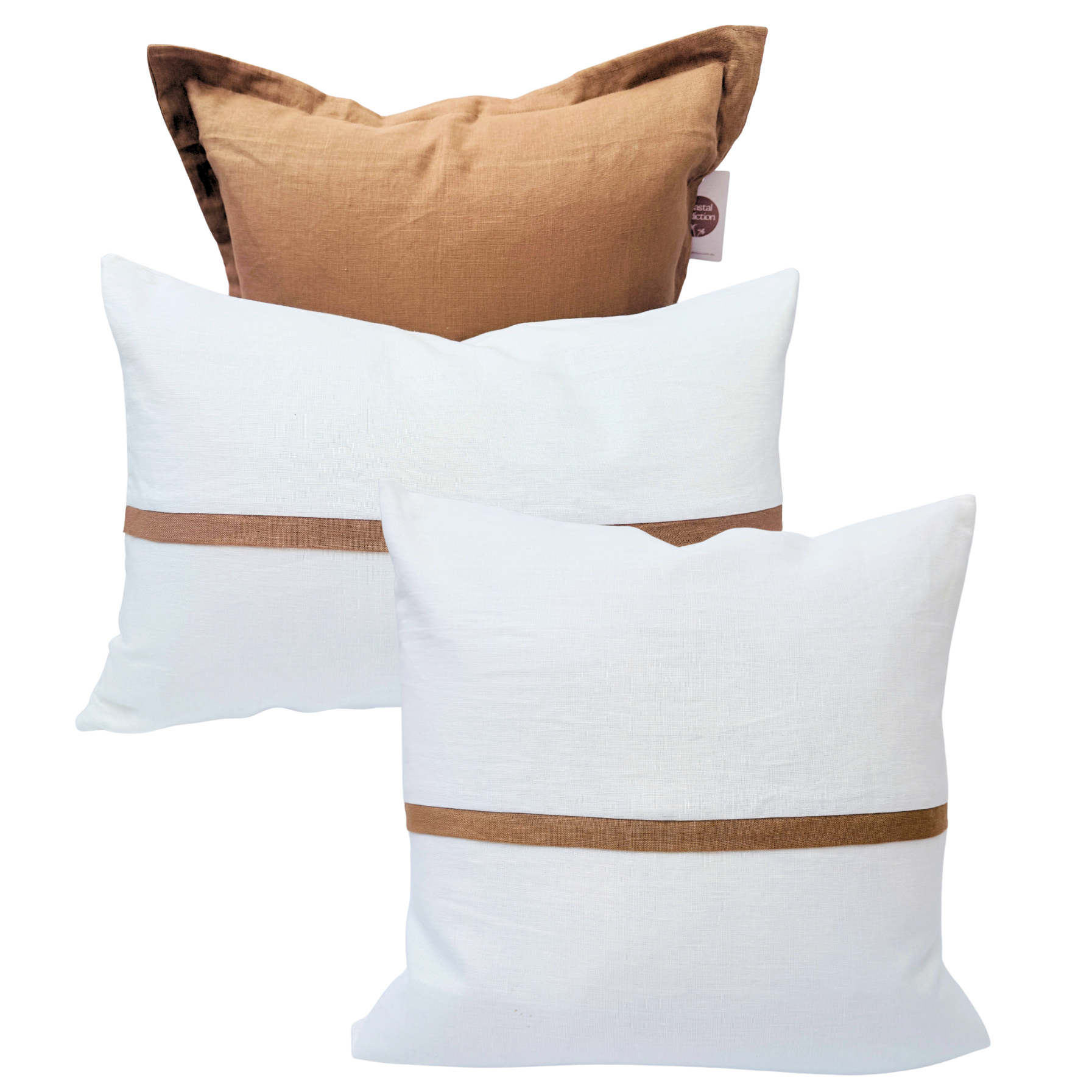 Two white cushion with brown stripes and a third cushion in a different color.