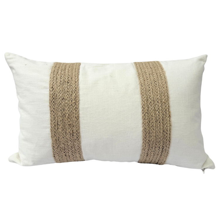 White cushion with a brown woven band.
