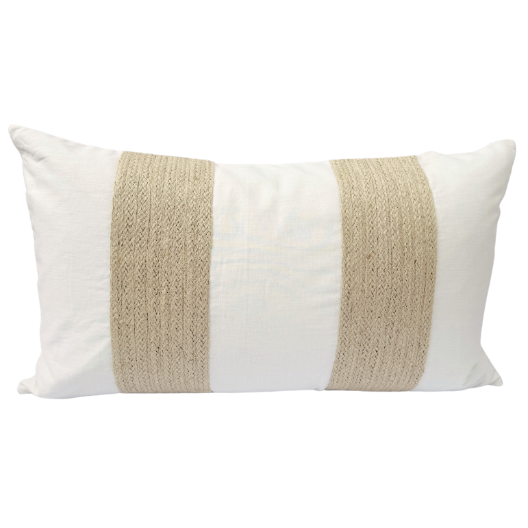 White cushion with a beige woven stripe.