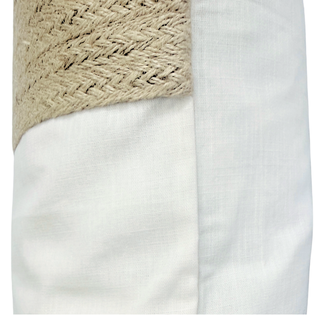 Textile product with woven beige border.