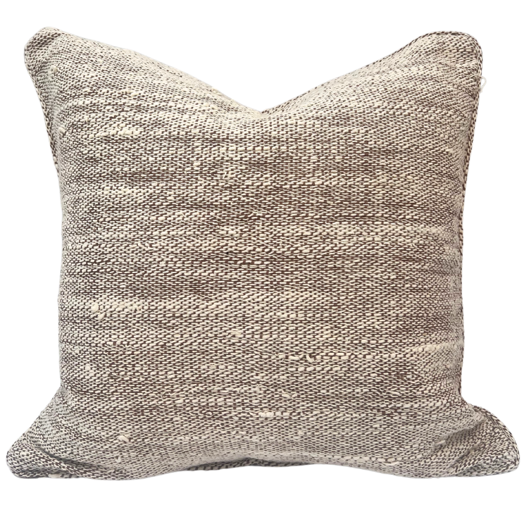60cm x 40cm textured cotton cushion handwoven fabric in a brown and ivory weave
