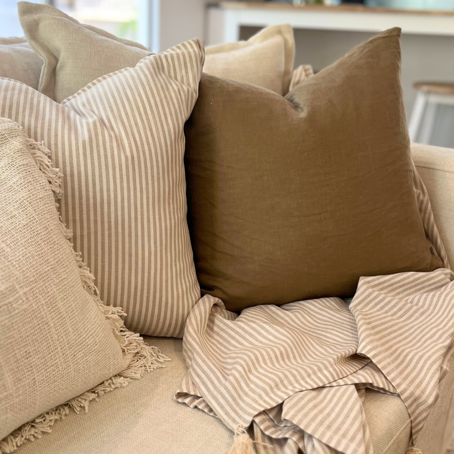 Cushions on a sofa with blanket with plant decor.
