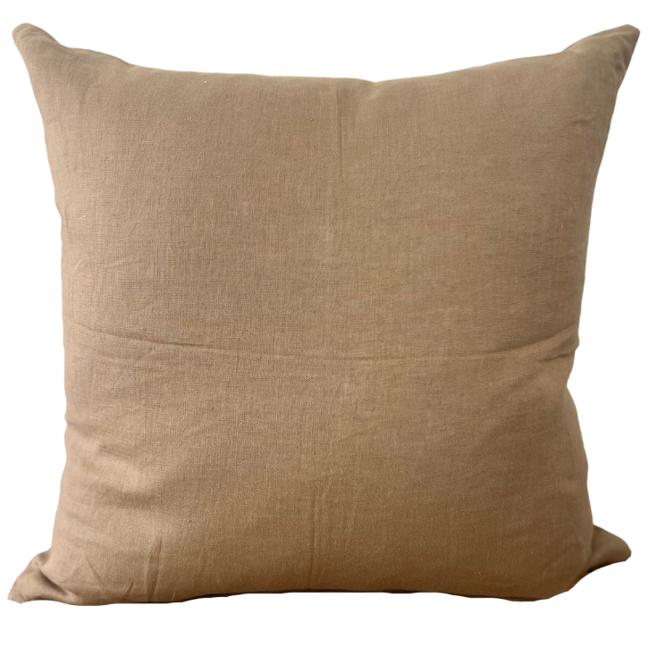 A square-shaped, beige fine-linen scatter cushion with a visible textured pattern.
