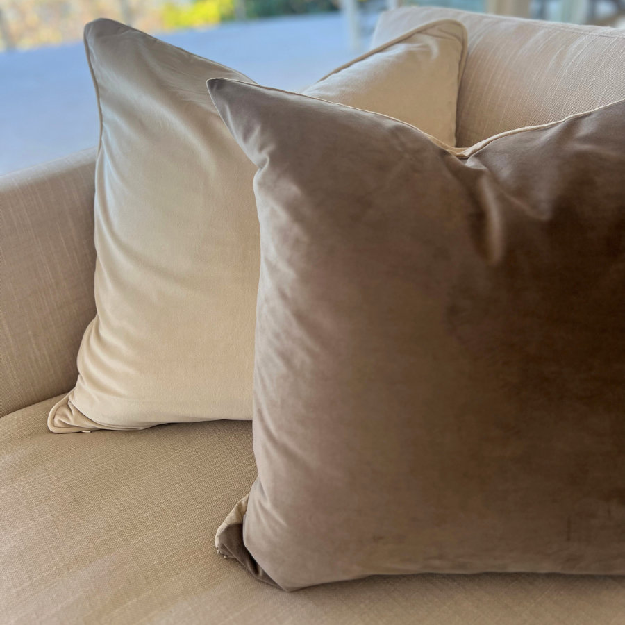 Two decorative cushions on a sofa.