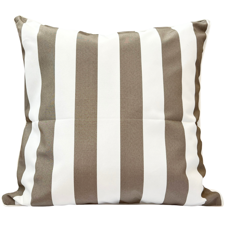 A square outdoor cushion with natural taupe and white stripes and a white piping border.