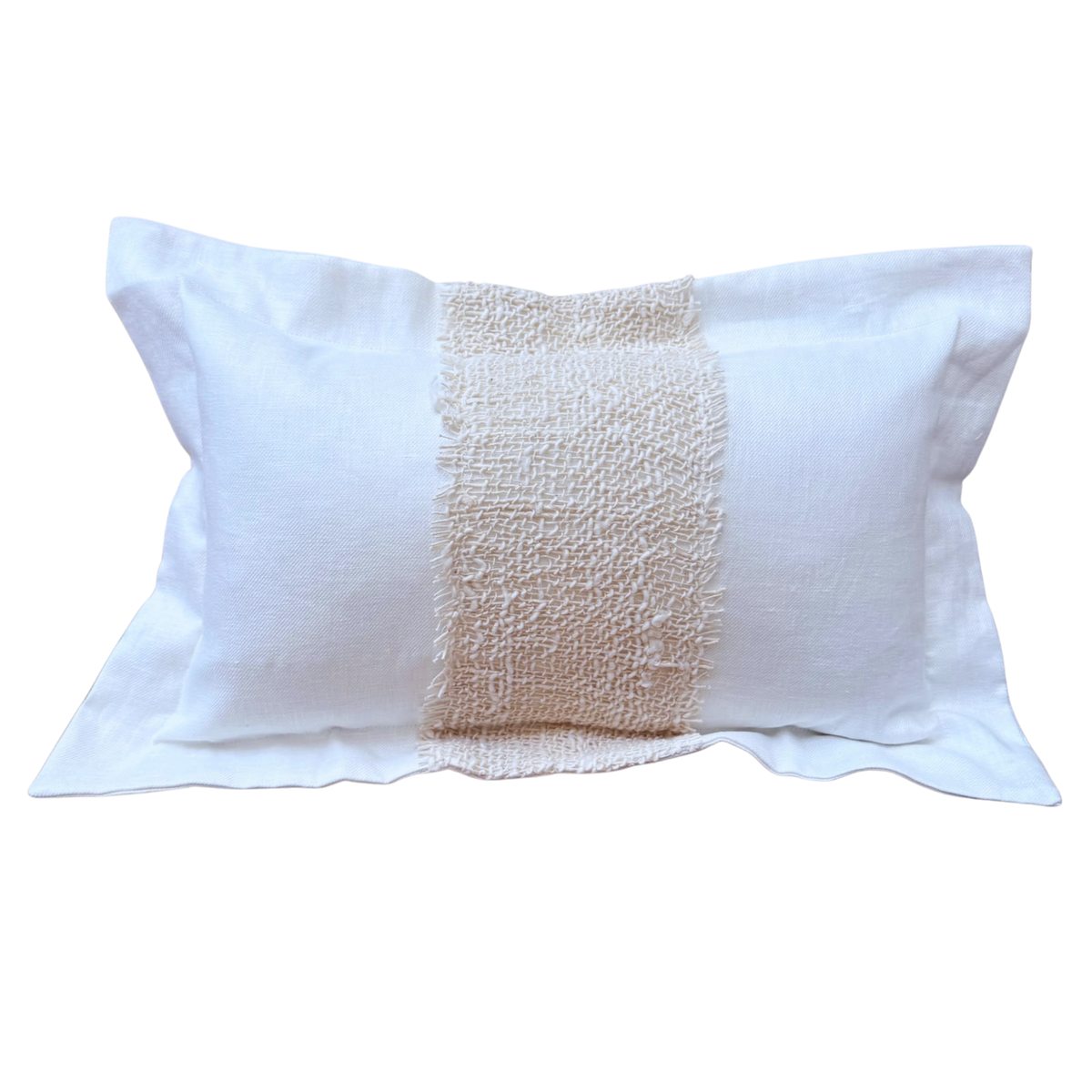 Rectangular white linen lumbar cushion cover featuring a textured woven raw-edge center stripe.