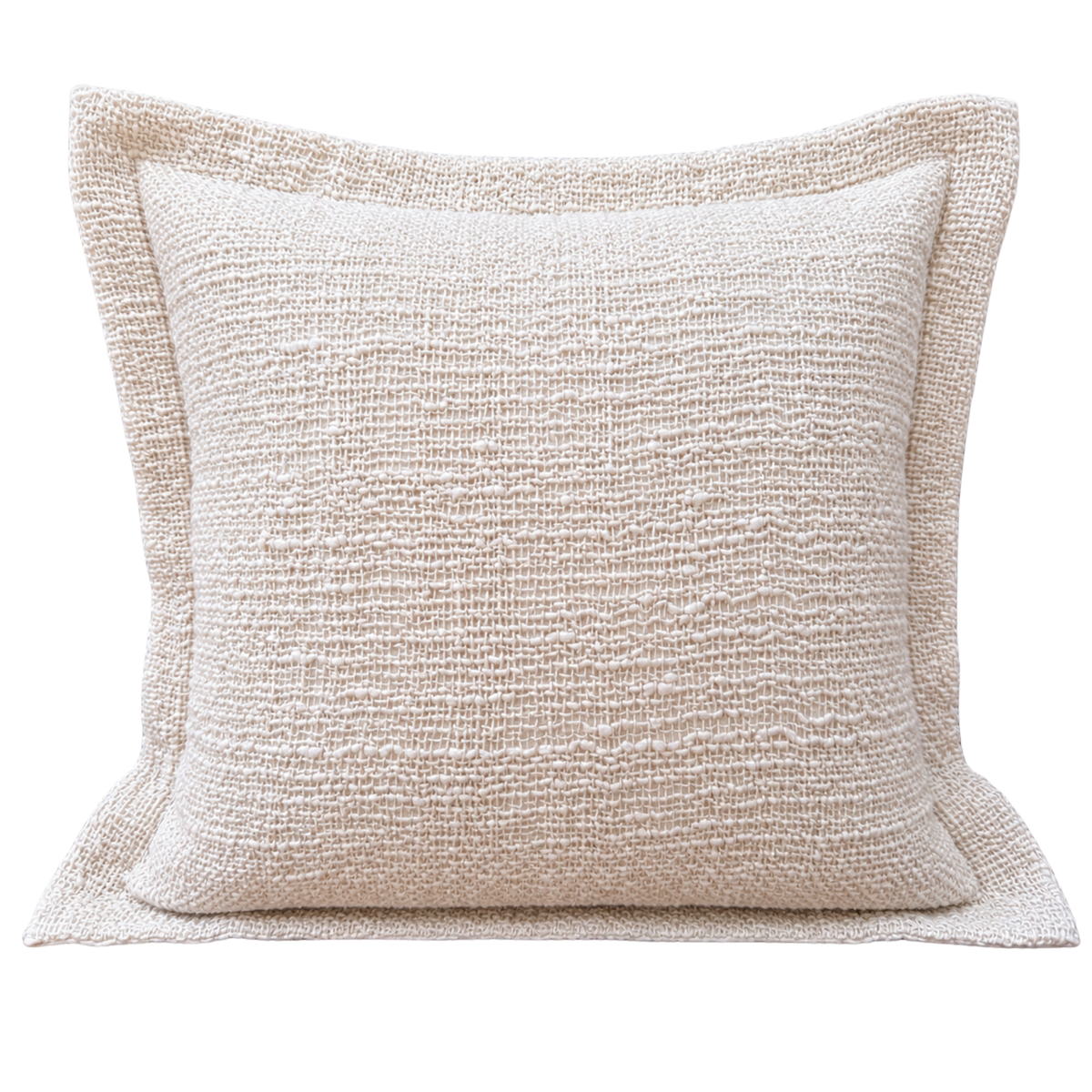 Square cream textured woven linen cushion cover with flanged edges.
