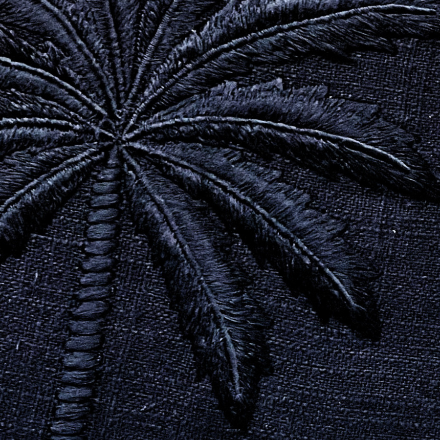 Black fabric with palm tree decor. 
