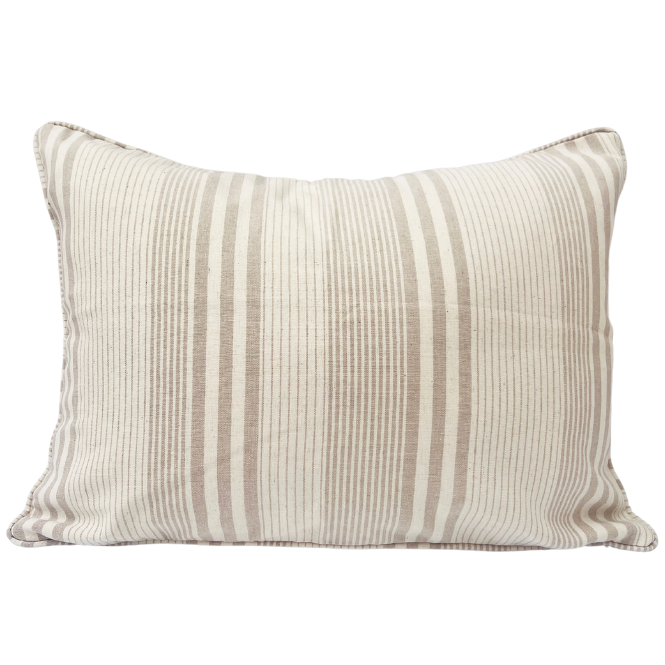 A rectangular throw cushion with a beige and white striped pattern.