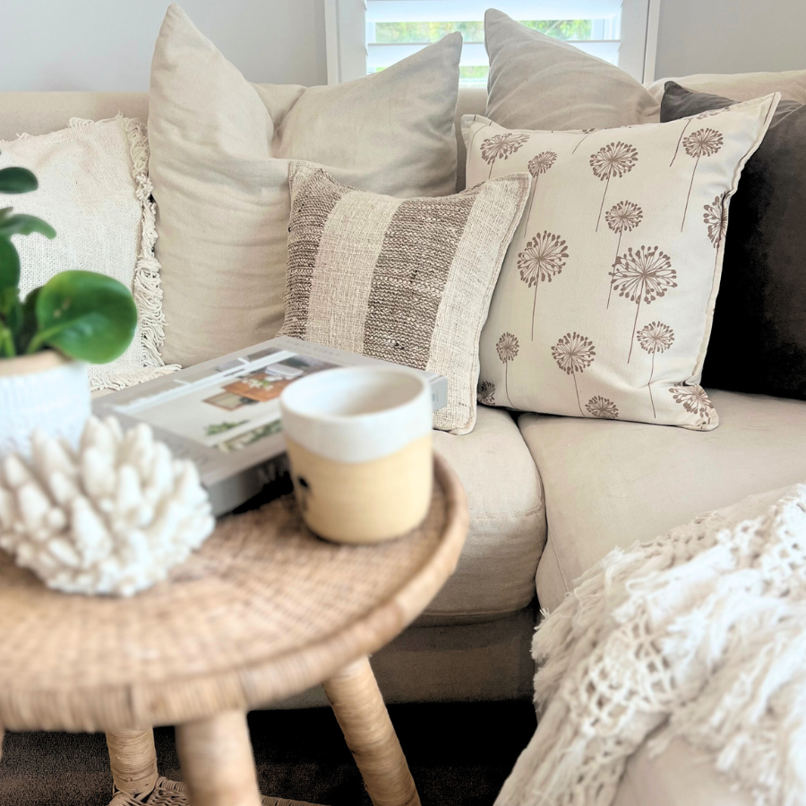 Cushions on a sofa.