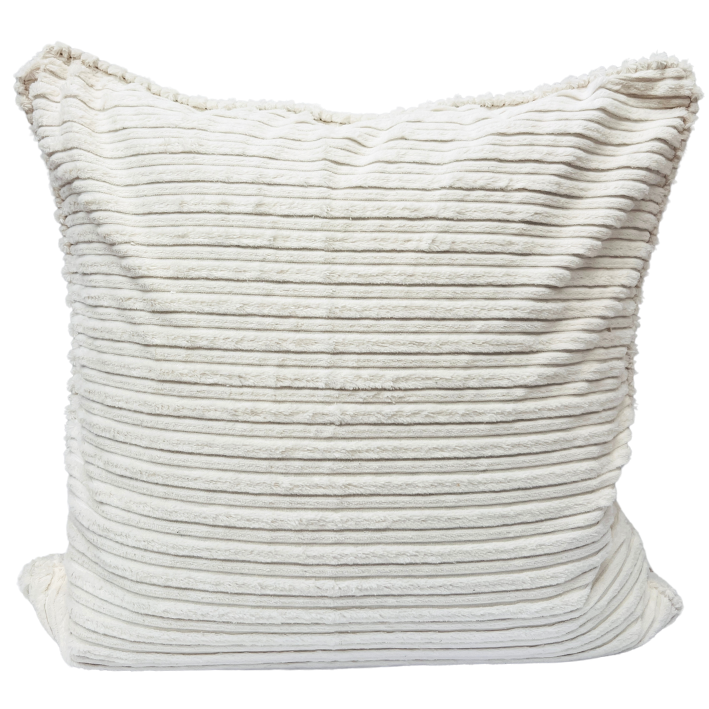 A square-shaped cushion with a textured, tufted ivory corduroy fabric and a visible zipper.