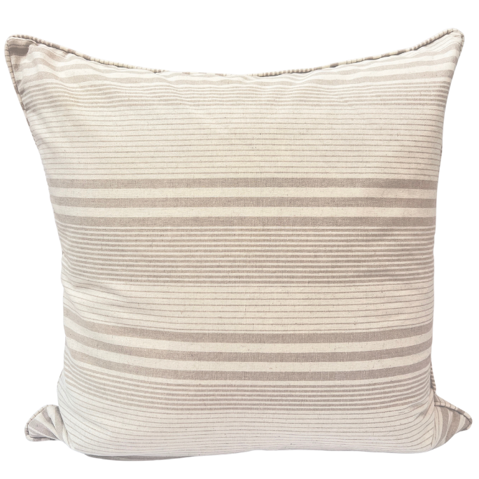 A square-shaped throw cushion with a beige stripe pattern.