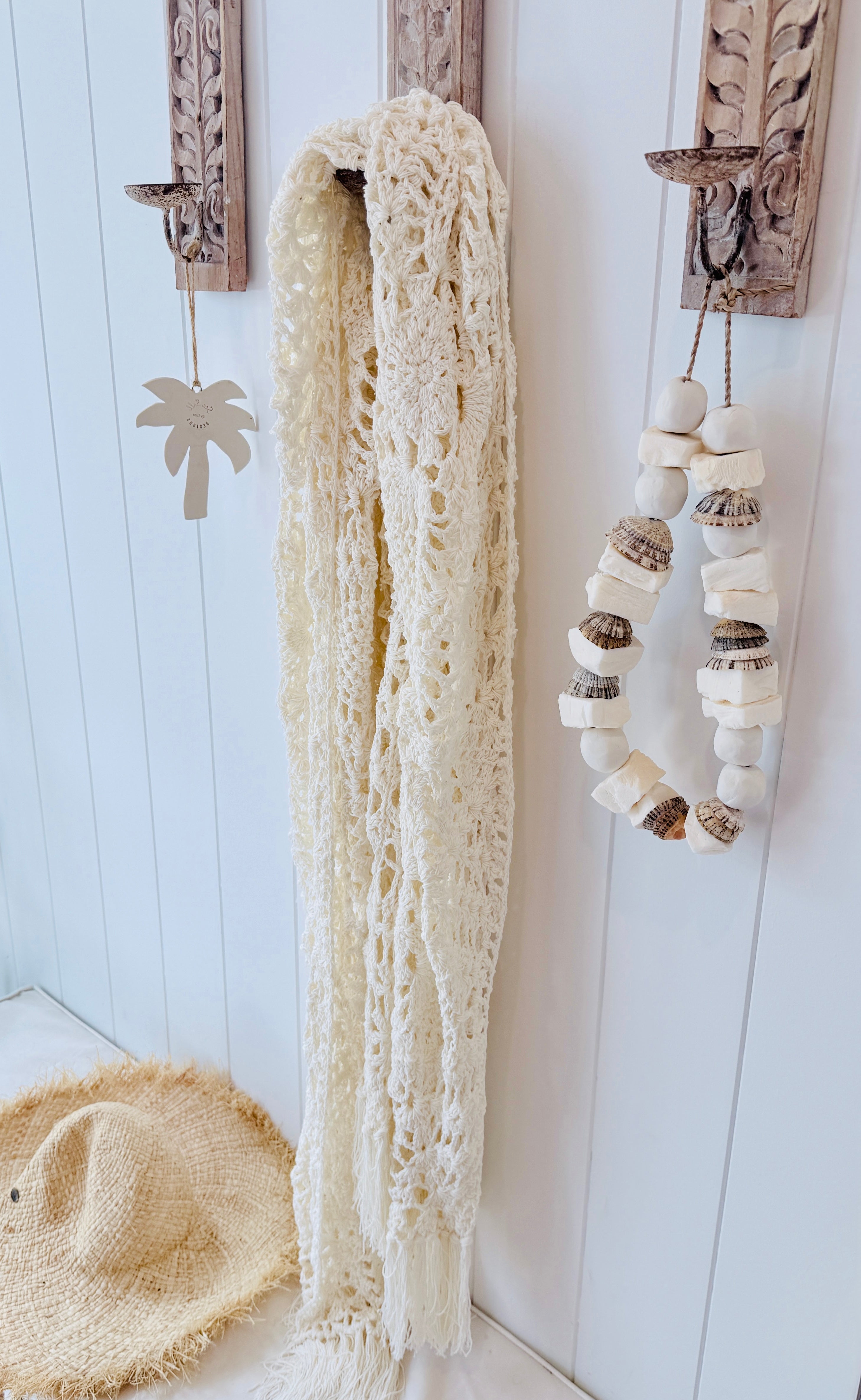 Crocheted cotton throw/bed runner - Ivory - New!