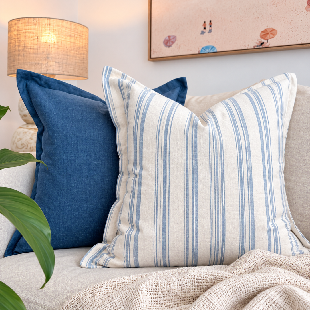 Blue striped and solid navy linen cushions styled on a beige sofa next to a table lamp.