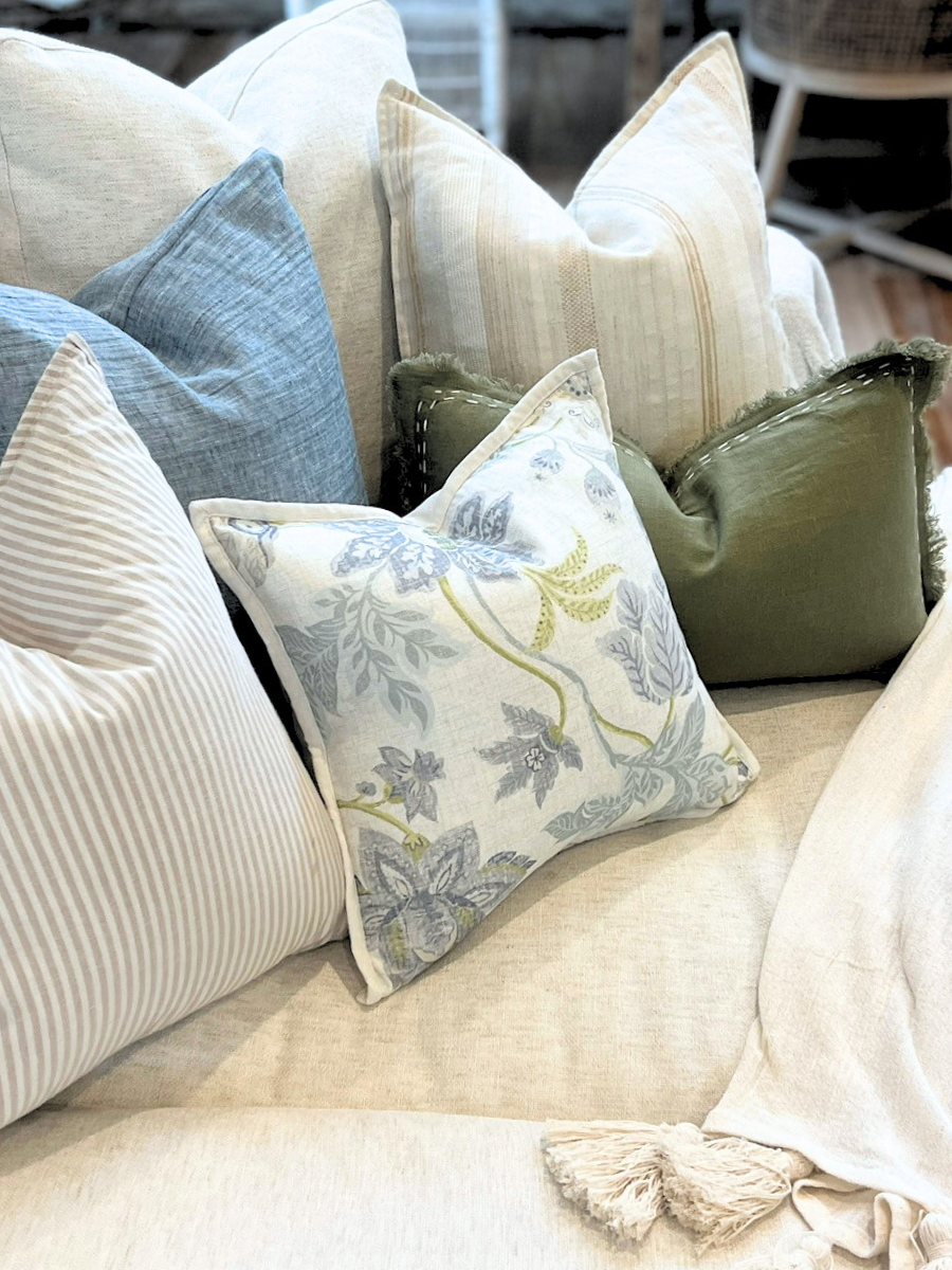 Floral and linen cushions olive blue stripes